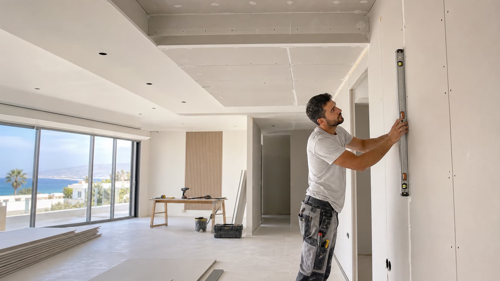 Kuzey Kıbrıs modern iç mekanda alçıpan tavan ve duvar uygulaması