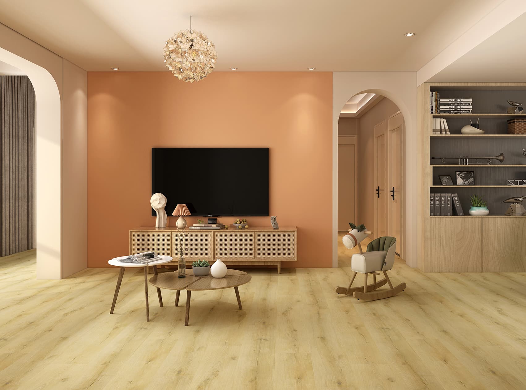 P-203 Sunlit Oak SPC parke ve SPC zemin kaplama için Kuzey Kıbrıs ürün ve uygulama görseli