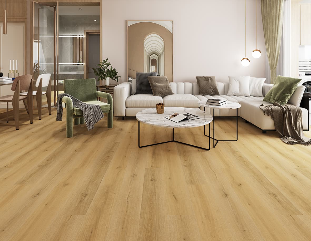 P-206 Ivory Mist Oak SPC parke ve SPC zemin kaplama için Kuzey Kıbrıs ürün ve uygulama görseli