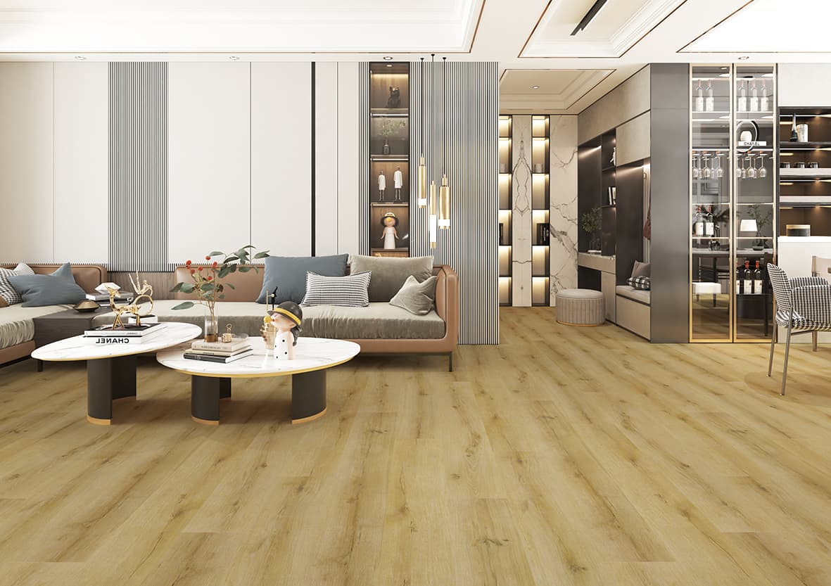 P-207 Natural Beige Oak SPC parke ve SPC zemin kaplama için Kuzey Kıbrıs ürün ve uygulama görseli