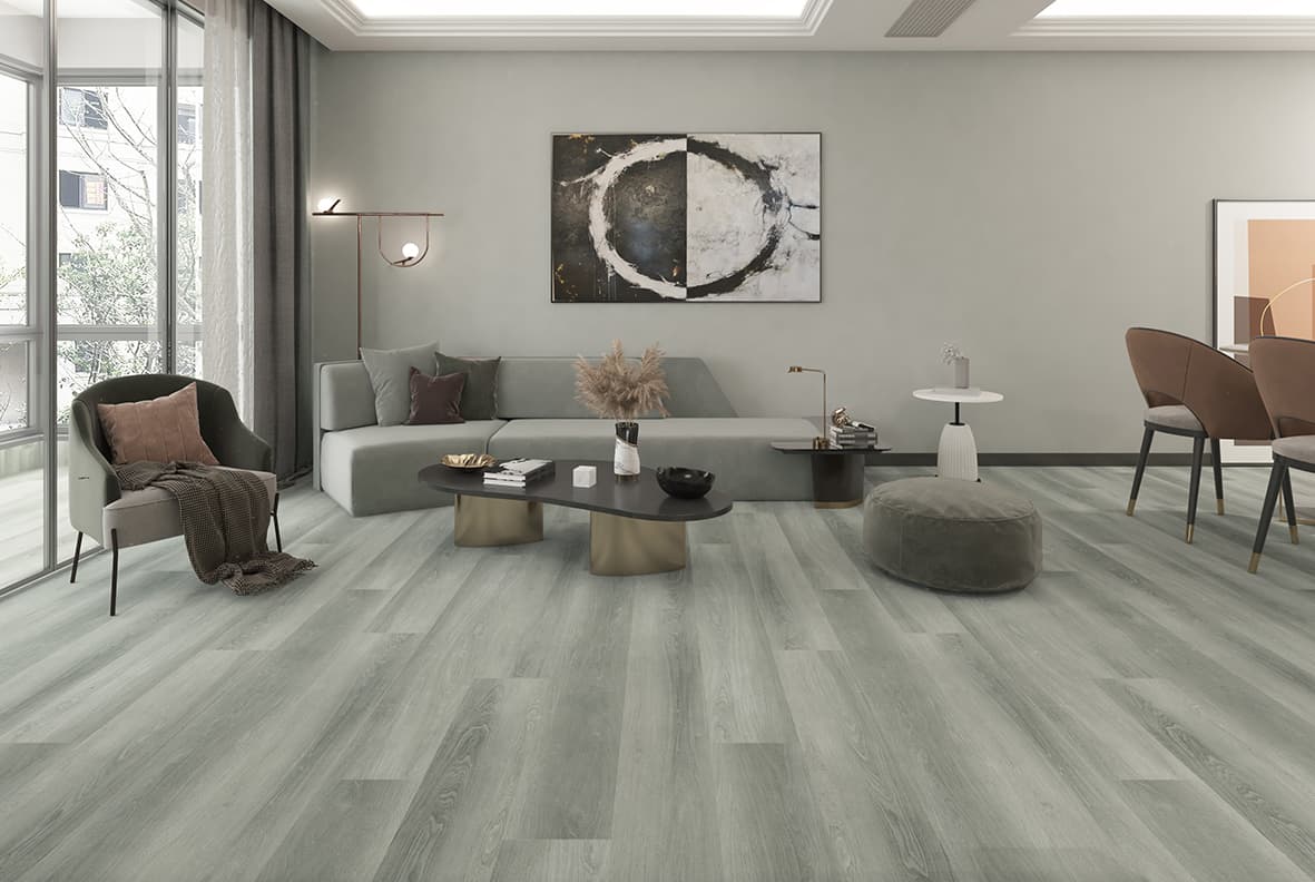 P-209 Light Grey Oak SPC parke ve SPC zemin kaplama için Kuzey Kıbrıs ürün ve uygulama görseli