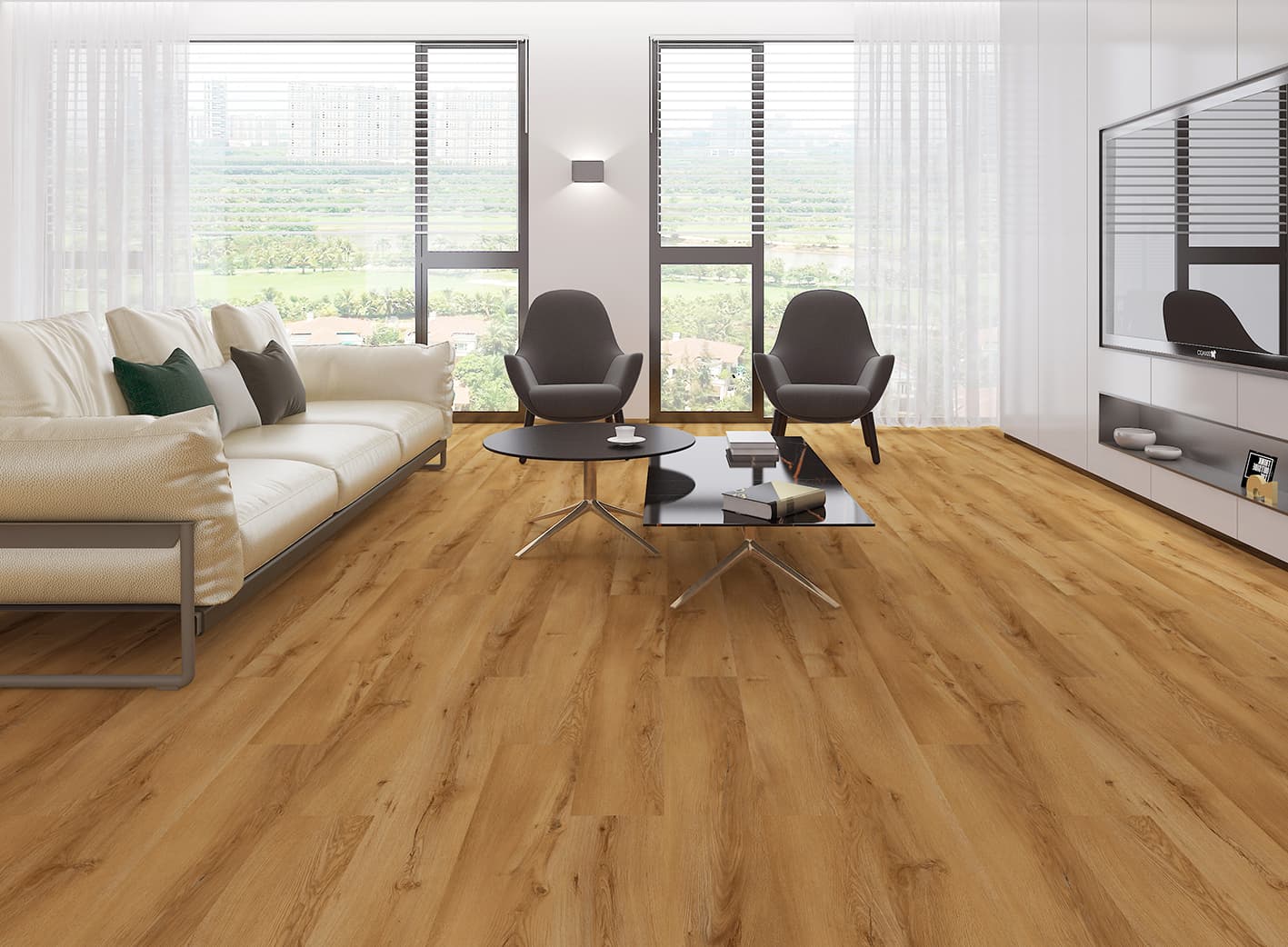 P-211 Cognac Oak SPC parke ve SPC zemin kaplama için Kuzey Kıbrıs ürün ve uygulama görseli