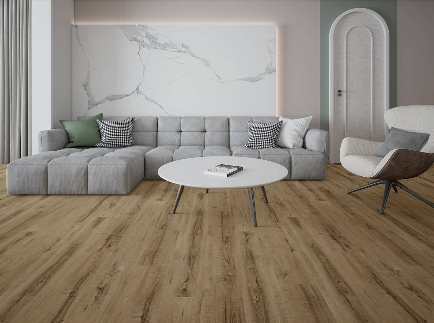 P-212 Rustic Greige Oak SPC parke ve SPC zemin kaplama için Kuzey Kıbrıs ürün ve uygulama görseli