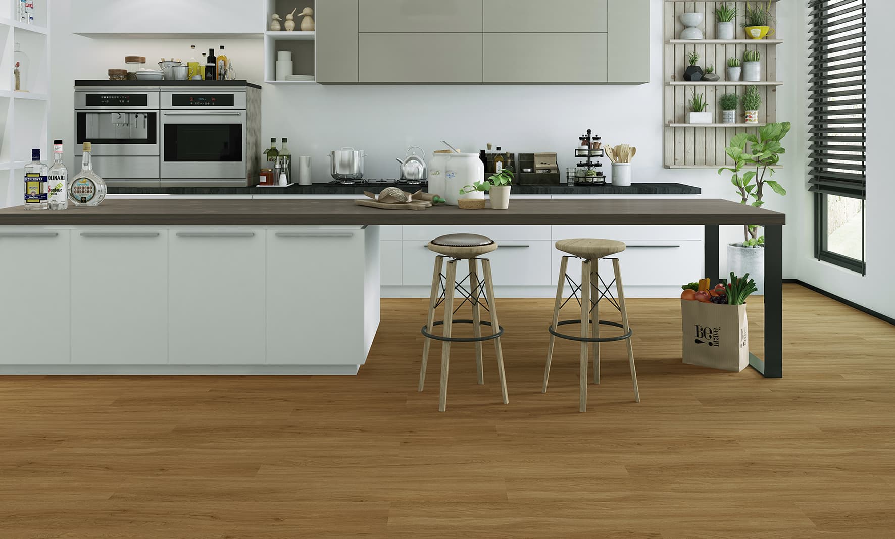 P-213 Light Beige Oak SPC parke ve SPC zemin kaplama için Kuzey Kıbrıs ürün ve uygulama görseli