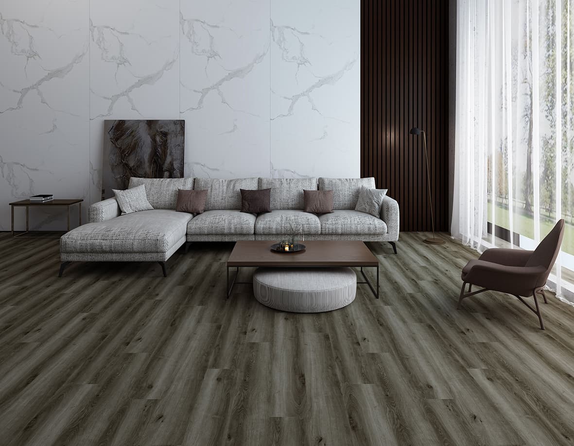 P-219 Ash Grey Oak (Dark) SPC parke ve SPC zemin kaplama için Kuzey Kıbrıs ürün ve uygulama görseli