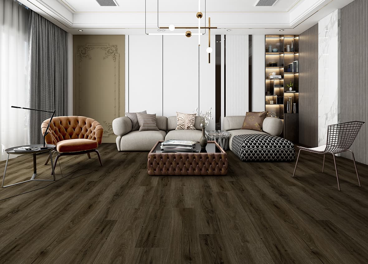 P-220 Dark Walnut Oak SPC parke ve SPC zemin kaplama için Kuzey Kıbrıs ürün ve uygulama görseli