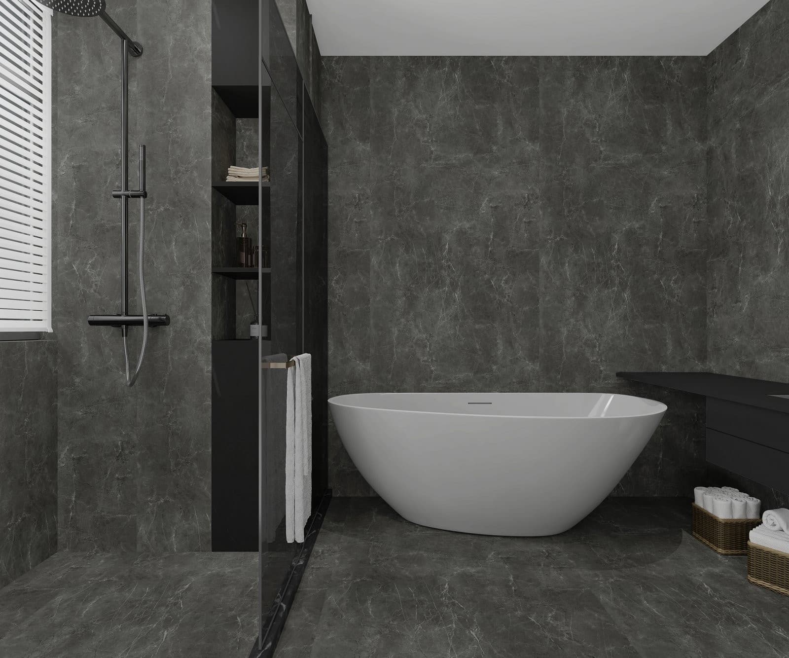 606 Marble Anthracite SPC duvar paneli, banyo paneli ve marble sheet yüzey için Kuzey Kıbrıs ürün ve uygulama görseli