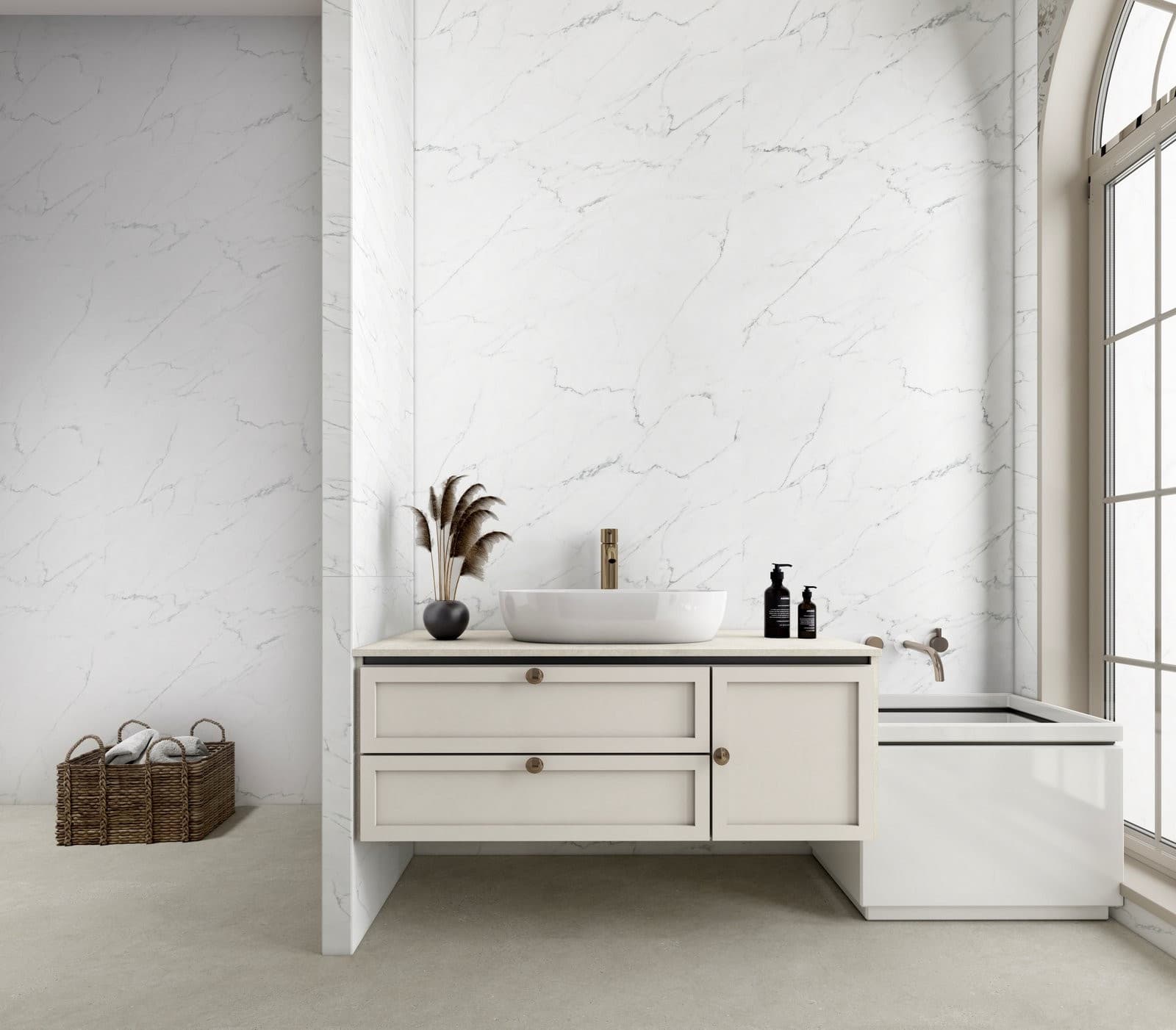 611 Statuario Bianco SPC duvar paneli, banyo paneli ve marble sheet yüzey için Kuzey Kıbrıs ürün ve uygulama görseli